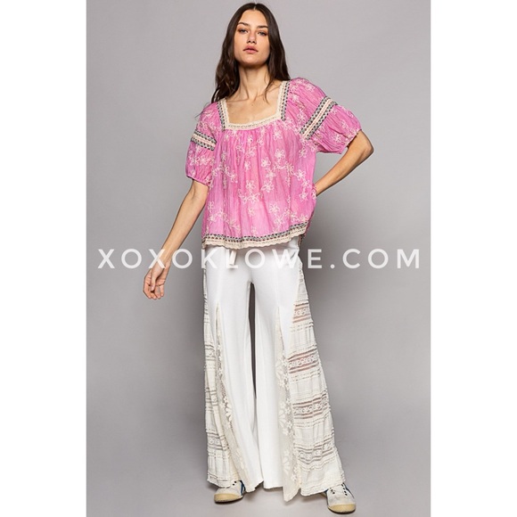 POL Pink Floral Embroidered Square Neck Half Sleeve Chiffon Top - Picture 14 of 15